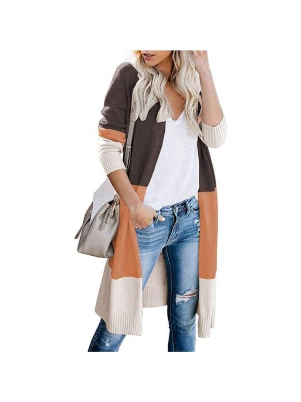 Women's Long Cardigan Open Front Color Block Cardigan Knit Sweaters